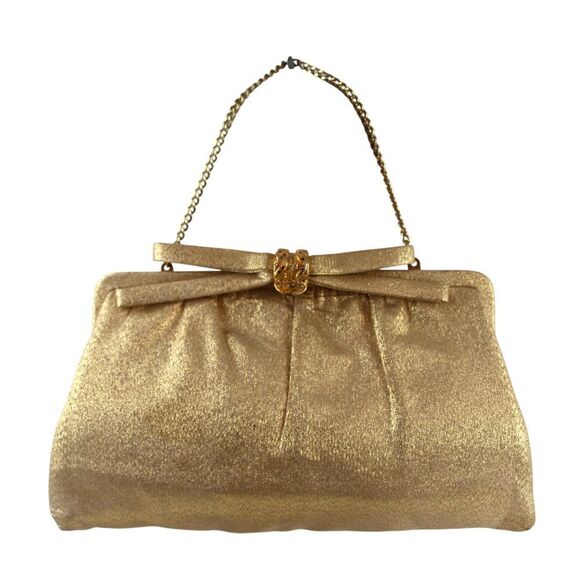 VINTAGE After Five GOLD BROCADE FRAME CHAIN HANDLE SATCHEL HANDBAG CLUTCH PURSE - Picture 1 of 12